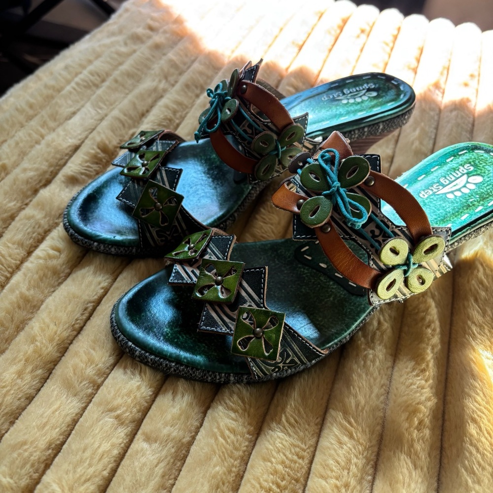 Spring Step Green and Brown Sandals with Ornate Design